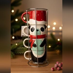 Holiday Time Red and Black Panda Mugs Set